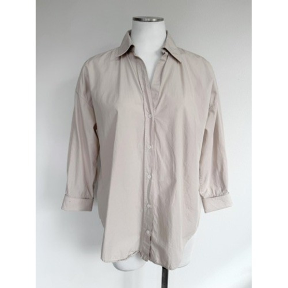 Zara Womens XS Tan Cotton Oversized Button Down Shirt High Low Hem Relaxed Fit